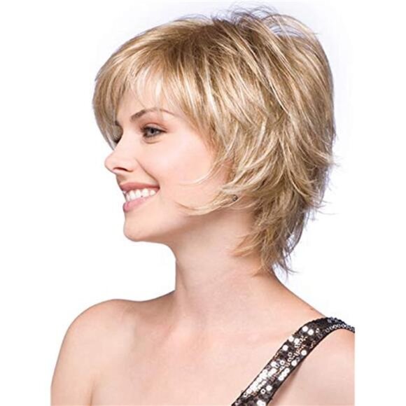 Short Blonde Pixie Cut Wigs for White Women with Bangs Shaggy Layered